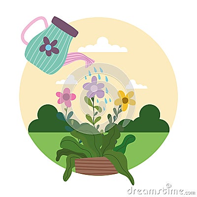 Gardening watering can sprays water to flowers in pot Vector Illustration