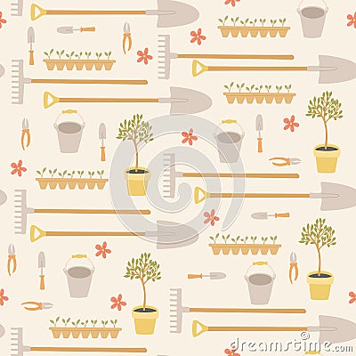 Gardening work and garden tools vector seamless pattern Vector Illustration