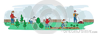 Gardening Work. Men Women Cottagers or Gardeners Planting and Caring of Trees and Plants Vector Illustration