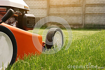 Gardening work tools. Close up details of orange electric lawn mower, wheels, motor on bright lush green grass. Rotary Stock Photo