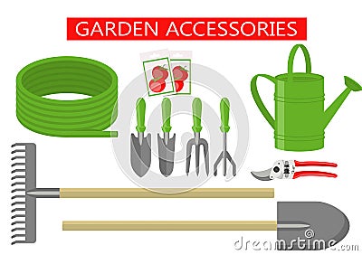 Gardening work tools flat icons set. Gardening Tools equipment for working in garden, secateurs, seeds, shovel, watering Vector Illustration