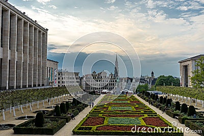 the Gardens of Mont des Arts and belfry of Town Hall ,Brussels, Editorial Stock Photo