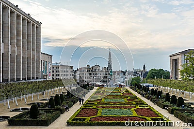 the Gardens of Mont des Arts and belfry of Town Hall ,Brussels, Editorial Stock Photo