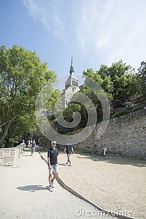 Gardens at Mont Saint Michel Abbey panorama, France Editorial Stock Photo
