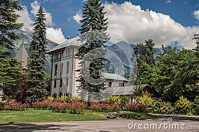 Gardens in Saint-Gervais-Les-Bains with alpine mountains landscape Stock Photo