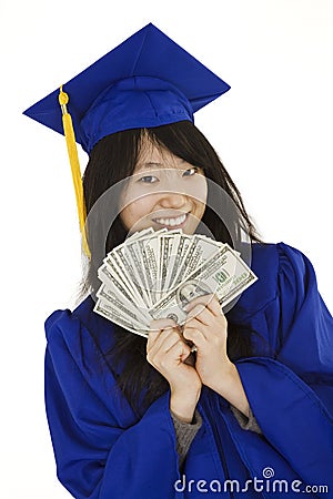 Asian teenage in blue graduation gown holding US money Stock Photo