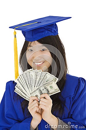 Asian teenage in blue graduation gown holding US money Stock Photo