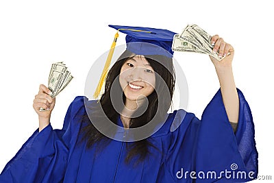 Asian teenage in blue graduation gown holding US money Stock Photo