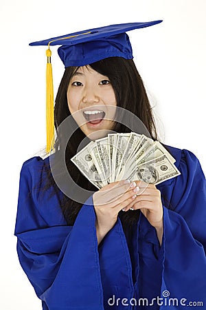 Asian teenage in blue graduation gown holding US money Stock Photo