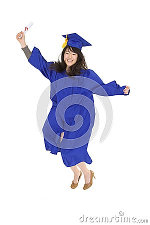 Asian teenage in blue graduation gown and smiling and jumping Stock Photo