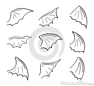 Gargoyle, demon, devil doodle wing set vector. Hand drawn pencil style wing. Bat, vampire silhouette Vector Illustration