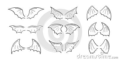 Gargoyle, demon, devil doodle wing set vector. Hand drawn pencil style wing. Bat, vampire silhouette Vector Illustration