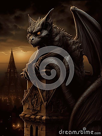 A gargoyle perched atop a tower ominous eyes glaring down at the viewer. Gothic art. AI generation Stock Photo