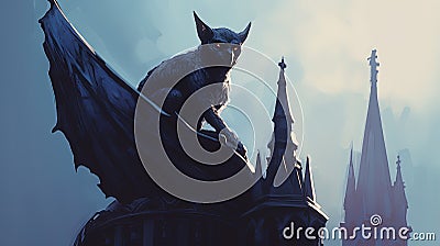Gargoyle perched on a cathedral spire. Fantasy concept , Illustration painting Stock Photo