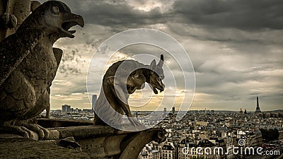 Gargoyles on the Cathedral of Notre Dame de Paris overlooking Pa Stock Photo