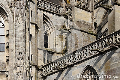 Gargoyles decorate the facade of Notre-Dame cathedral in Argentan (France) Stock Photo