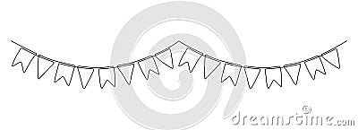 Garland bunting with flags in one continuous line drawing. Birthday and jubilee party decoration in simple linear style Vector Illustration