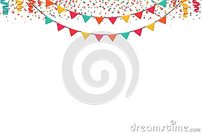 Garland of colored flags and confetti horizontal banner. Carnival garlands entertainment events. Festive vector Vector Illustration