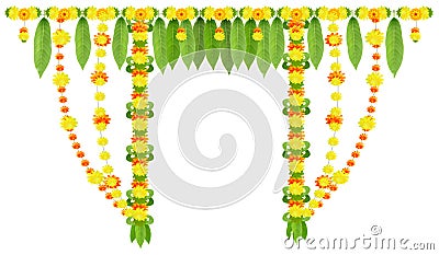 Garland for door of mango leaves and marigold flowers. Ugadi or gudi padwa indian lunar new year Vector Illustration