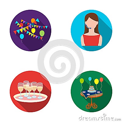 Garland with flags and balls, leading celebration with a microphone, a tray with glasses with champagne, a table covered Vector Illustration