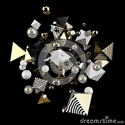 Garland of gold, white, and black glossy balls and prisms on a black matte background. Studio light. 3d illustration. 3d Cartoon Illustration