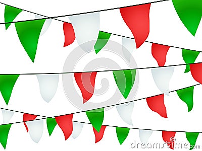 Garland with green white and red pennants bulbs on black background Stock Photo