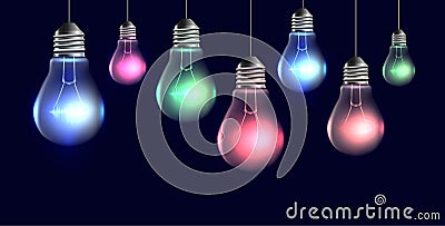 Garland of hanging realistic light bulbs with light. Vector Illustration