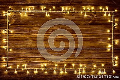 Garland Lights Wood Background, Holiday Wooden Frame Planks Stock Photo