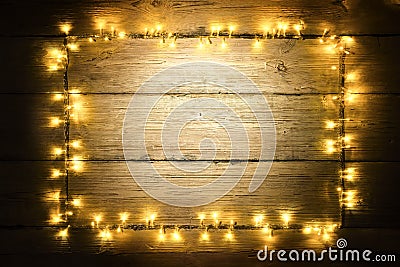 Garland Lights Wood Frame, Lighting Wooden Planks, Sign Board Stock Photo