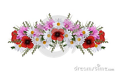 Garland with mallow, poppy, daisy, grass isolated on white Stock Photo