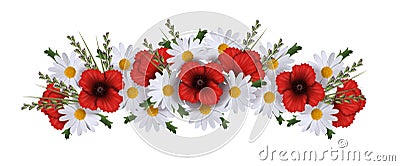 Garland of poppies, daisies and grass isolated on white Stock Photo