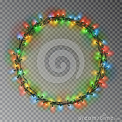 Garland wreath decorations. Christmas color lights ring with isolated shine lamps element. Glowing s Vector Illustration