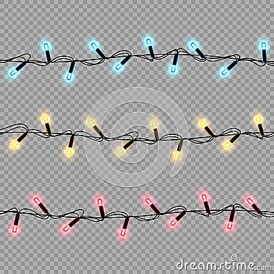 Garlands, Christmas decorations multicolored lights effects, vector design elements. Glowing lights for Xmas Vector Illustration