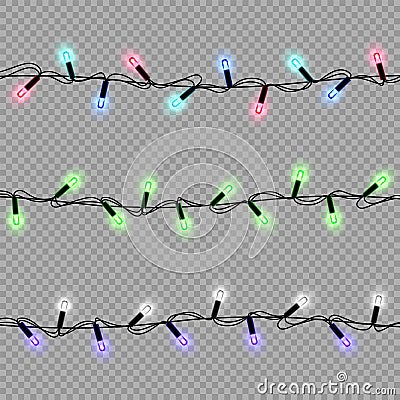 Garlands, Christmas decorations multicolored lights effects, vector design elements. Glowing lights for Xmas Vector Illustration