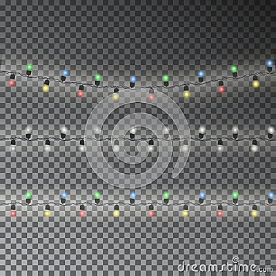 Garlands, Christmas string decorations. Christmas lights with isolated shine elements. Glowing ligh Vector Illustration