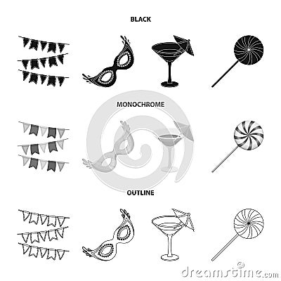 Garlands, cocktail and other accessories at the party.Party and partits set collection icons in black,monochrome,outline Vector Illustration