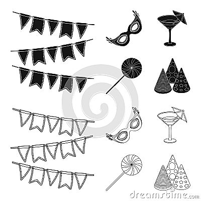 Garlands, cocktail and other accessories at the party.Party and partits set collection icons in black,outline style Vector Illustration