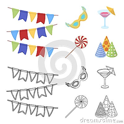 Garlands, cocktail and other accessories at the party.Party and partits set collection icons in cartoon,outline style Vector Illustration