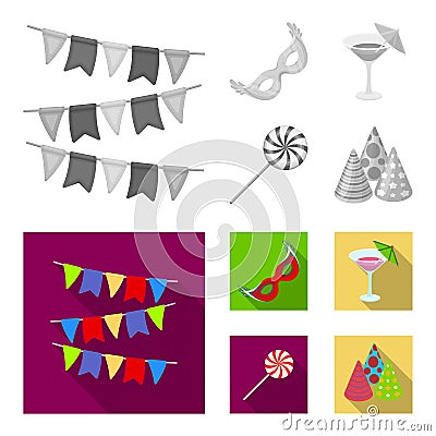 Garlands, cocktail and other accessories at the party.Party and partits set collection icons in monochrome,flat style Vector Illustration