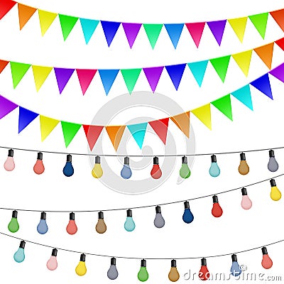 Garlands of flags and colored lamps. Decorations isolated on white background Vector Illustration