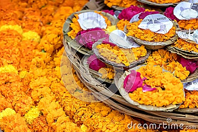 Floating garlands of flowers and floating candles placed by pilgrims on the river Ganges as offerings. Stock Photo