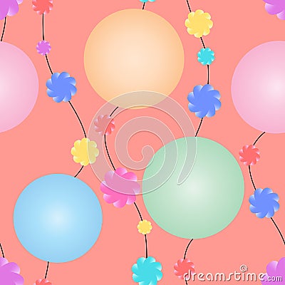 Garlands with huge multicolored beads and small flowers on an orange background. Seamless vector pattern for your design Vector Illustration