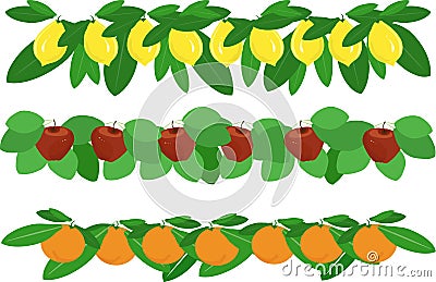 Garlands of lemons, apples, oranges and green leaves on white Vector Illustration