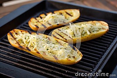 garlic bread on grilling tray with grill marks and dripping butter Stock Photo