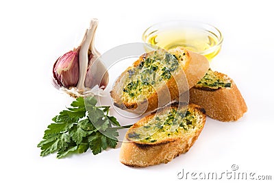 Garlic breads slice with ingredients isolated Stock Photo