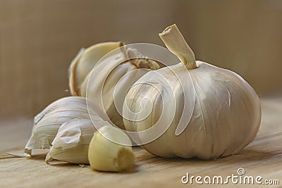 Garlic Cloves and Garlic Bulb in kitchen Stock Photo