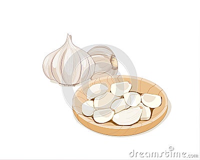 Garlic bulb and unpeeled garlic cloves in wooden plate. Isolated garlic on white background. Hand drawing food and herb ingredient Cartoon Illustration