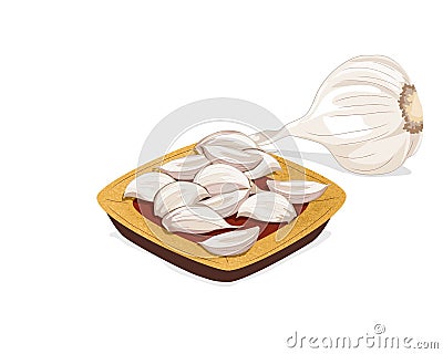 Garlic bulb and unpeeled garlic cloves in wooden plate. Isolated garlic on white background. Hand drawing food and herb ingredient Cartoon Illustration