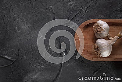 Garlic concept and copy space for web-logo on stone floor Stock Photo