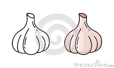Garlic doodle icon. Linear and color version. Black simple illustration of food ingredient. Contour isolated vector pictogram on Vector Illustration